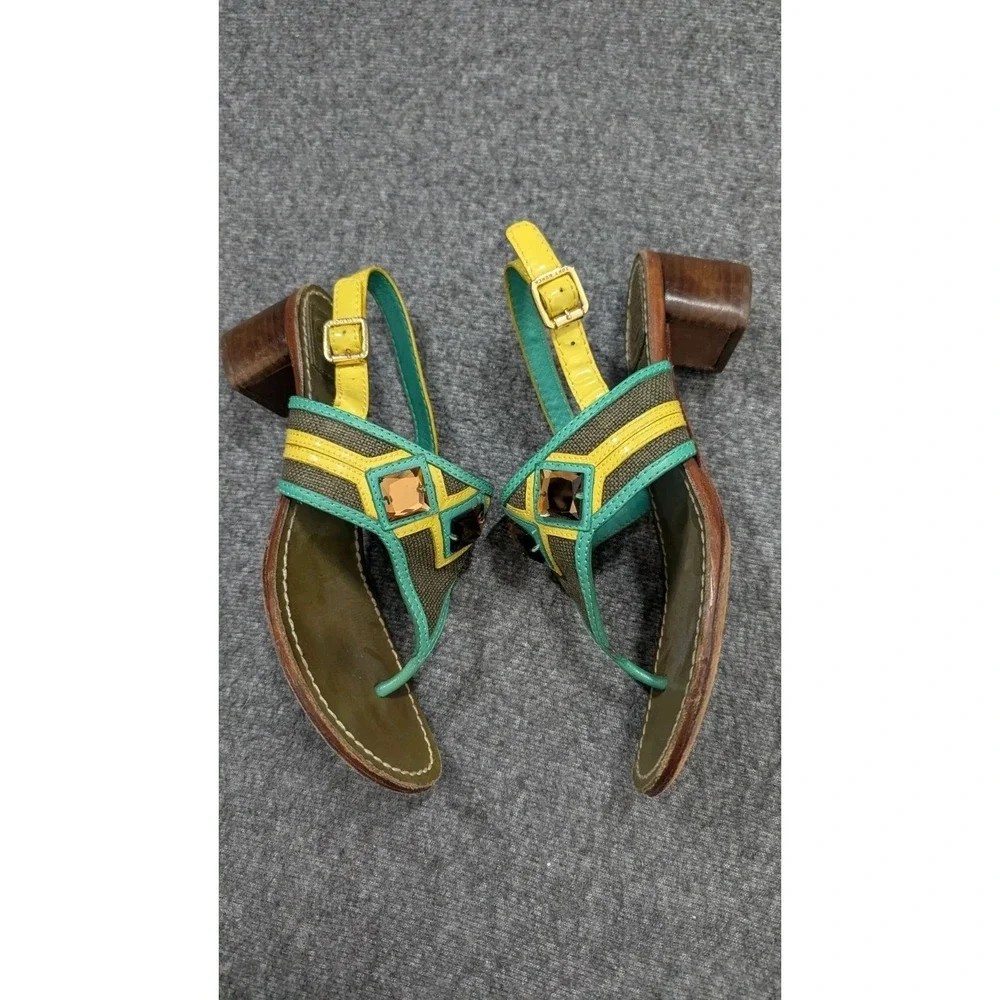 Tory Burch Sandals Womens 6M Green Yellow Boho Jewels Embellished Wearable Art